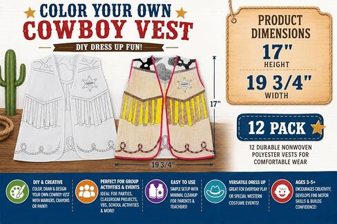Fun Express Cowboy Vest Kids قم بتلوين ملابسك الغربية الخاصة - قم بلبس ملابس الأولاد والبنات والأطفال الصغار من عمر 3 إلى 5 سنوات | إكسسوارات رعاة البقر للعب الإبداعي في VBS والحفلات والأنشطة المدرسية - 12 قطعة in Kuwait