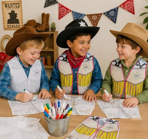 Fun Express Cowboy Vest Kids قم بتلوين ملابسك الغربية الخاصة - قم بلبس ملابس الأولاد والبنات والأطفال الصغار من عمر 3 إلى 5 سنوات | إكسسوارات رعاة البقر للعب الإبداعي في VBS والحفلات والأنشطة المدرسية - 12 قطعة in Kuwait