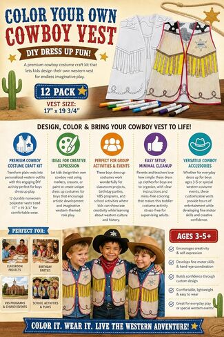 Fun Express Cowboy Vest Kids قم بتلوين ملابسك الغربية الخاصة - قم بلبس ملابس الأولاد والبنات والأطفال الصغار من عمر 3 إلى 5 سنوات | إكسسوارات رعاة البقر للعب الإبداعي في VBS والحفلات والأنشطة المدرسية - 12 قطعة in Kuwait