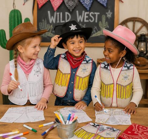 Fun Express Cowboy Vest Kids قم بتلوين ملابسك الغربية الخاصة - قم بلبس ملابس الأولاد والبنات والأطفال الصغار من عمر 3 إلى 5 سنوات | إكسسوارات رعاة البقر للعب الإبداعي في VBS والحفلات والأنشطة المدرسية - 12 قطعة in Kuwait