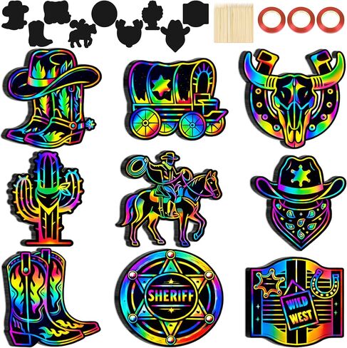 90shine 90 Pcs Western Cowboy Scratch Craft - DIY Rainbow Paper Cards Art Kit with Wooden Stylus for Rodeo Classroom Birthday Party Favors in Kuwait