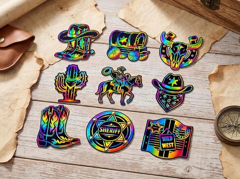 90shine 90 Pcs Western Cowboy Scratch Craft - DIY Rainbow Paper Cards Art Kit with Wooden Stylus for Rodeo Classroom Birthday Party Favors in Kuwait