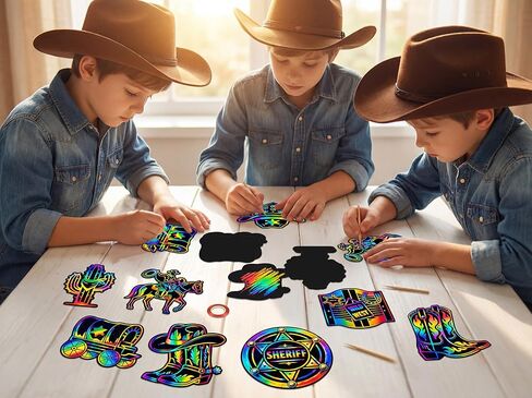 90shine 90 Pcs Western Cowboy Scratch Craft - DIY Rainbow Paper Cards Art Kit with Wooden Stylus for Rodeo Classroom Birthday Party Favors in Kuwait