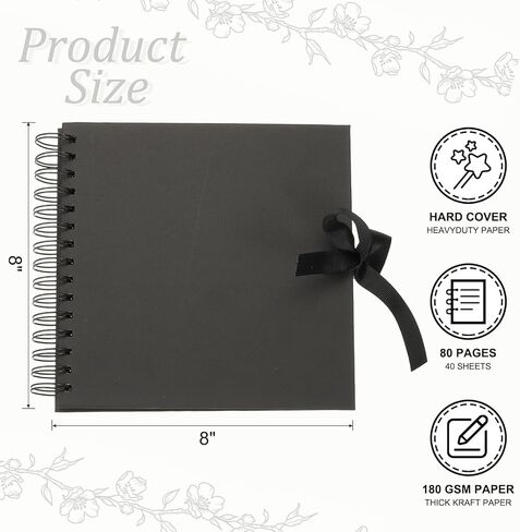 PATIKIL Scrapbook Photo Albums, 8x8 Inch 40 Pages Hardcover Scrapbooking Book DIY Album Supplies with Ribbon for Gift Memory Book Wedding Anniversary, Black, 1 Pcs in Kuwait