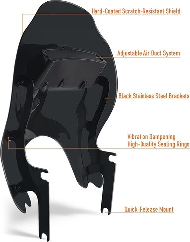 All Black Detachable Wave Wind Splitter Vented Windshield Windscreen Compatible with Harley Davidson Touring Road King FLHR FLHRC/I FLHRXS 1994-2025 (Black Windshield&Black Bracket) in Saudi Arabia