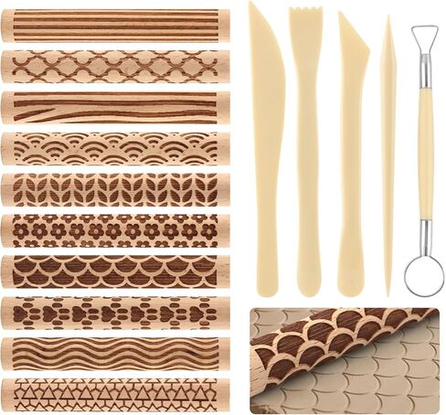 Clay Texture Rollers Set, Ergonomic Handle-Free Design with Comfortable Grip, Plastic & Birch Wood, Includes 10 Texture Sticks and 5 Tools for Modeling and Pottery Decor in Saudi Arabia