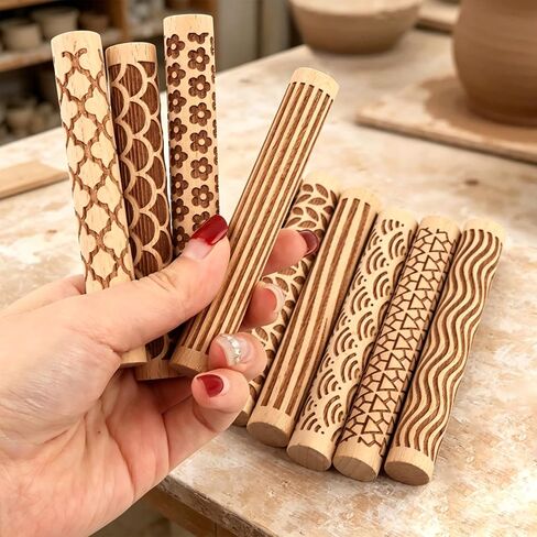 Clay Texture Rollers Set, Ergonomic Handle-Free Design with Comfortable Grip, Plastic & Birch Wood, Includes 10 Texture Sticks and 5 Tools for Modeling and Pottery Decor in Saudi Arabia