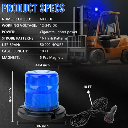 أضواء LED زرقاء منارة 12-24 فولت، 16 وضعًا وامضًا 60 مصباح شرطة LED للطوارئ على جانب الطريق مع قاعدة مغناطيسية لجرار مركبات البناء وشاحنات السحب ومحراث الثلج (أزرق، قطعة واحدة) in Kuwait