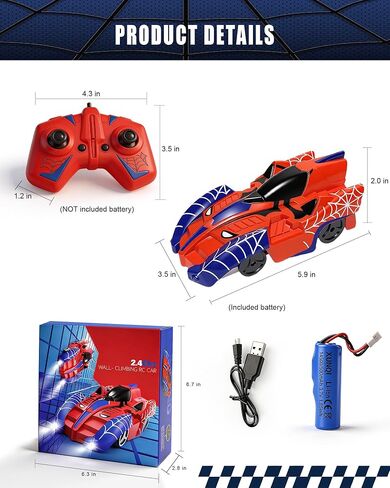 Spider Climbing Wall Cars - Rc Race Vehicle Electric Technology Toys for 3+ Years Kid, 2.4 GHz Remote Control LED Light Rechargeable 360° Zero Gravity Rotating Indoor Car Birthday Gift in Saudi Arabia