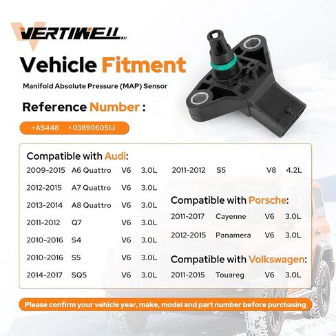 مستشعر خريطة الضغط المطلق المنوع متوافق مع Audi Porsche VW Volkswagen A6 Quattro Q7 S4 S5 SQ5 Cayenne Touareg 3.0L 4.2L 6l 8l 2009 2010 2011 2012 2013 2014 يستبدل AS448 AS605 in Kuwait