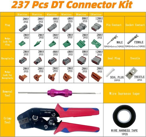 237 PCS Deutsch Connector Kit with ratchet crimping pliers and Terminal Removal Tool,DT2 3 4 6 8 12 Pin Connectors,IP68 Waterproof Electrical Connector Plug with 80 Pairs Size 16 Stamped Contacts in Saudi Arabia
