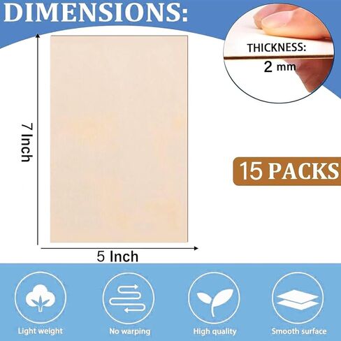 15 Pack Balsa Wood Sheets, 2mm Plywood Sheet, Basswood Sheets 5X7X1/16 Inch,Unfinished Wood Boards Blanks for Laser Cutting, Engraving, Burning, Crafts in Saudi Arabia