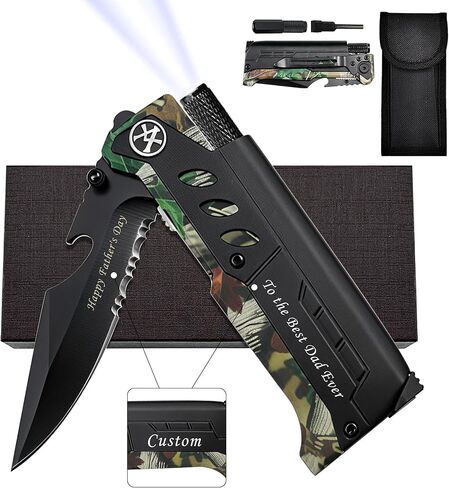 سكين XIPHIAS Survival القابل للطي - أداة متعددة من الفولاذ المقاوم للصدأ مع ضوء LED، ومشعل نار، وصفارة وباراكورد، ومشبك جيب وحقيبة نايلون للتخييم والمشي لمسافات طويلة والصيد - XK039BC-أسود in Kuwait