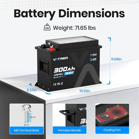 بطارية ليثيوم VATRER POWER 12V 300Ah RV مع تسخين ذاتي، توازن نشط، مراقبة التطبيق، مدمج 300A BMS، بحد أقصى. قوة تحميل 3840 وات، بطارية ليثيوم تزيد عن 5000 دورة، مثالية للمركبات الترفيهية والبيوت المتنقلة in Kuwait