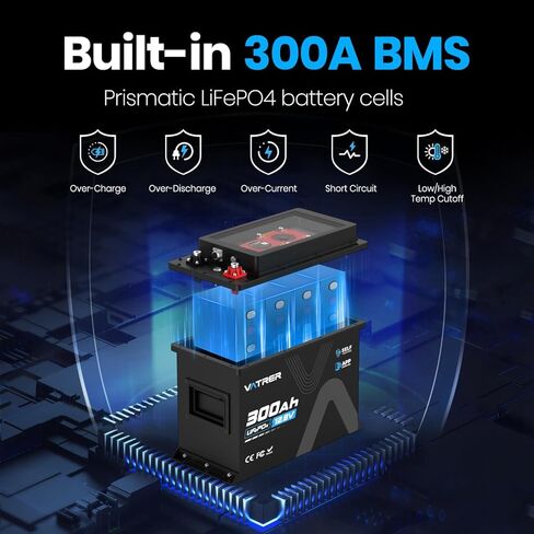 بطارية ليثيوم VATRER POWER 12V 300Ah RV مع تسخين ذاتي، توازن نشط، مراقبة التطبيق، مدمج 300A BMS، بحد أقصى. قوة تحميل 3840 وات، بطارية ليثيوم تزيد عن 5000 دورة، مثالية للمركبات الترفيهية والبيوت المتنقلة in Kuwait