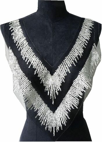 Silver Gold Sequin Patches Tassel Black Lace Fabric Flower Fabric V Collar Embroidered Gown Appliques Sew Patch for Wedding Bridal Decoration Dress DIY (Style 2), Ivory,Gold,Silver in Saudi Arabia
