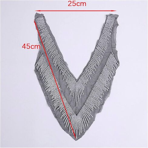 Silver Gold Sequin Patches Tassel Black Lace Fabric Flower Fabric V Collar Embroidered Gown Appliques Sew Patch for Wedding Bridal Decoration Dress DIY (Style 2), Ivory,Gold,Silver in Saudi Arabia