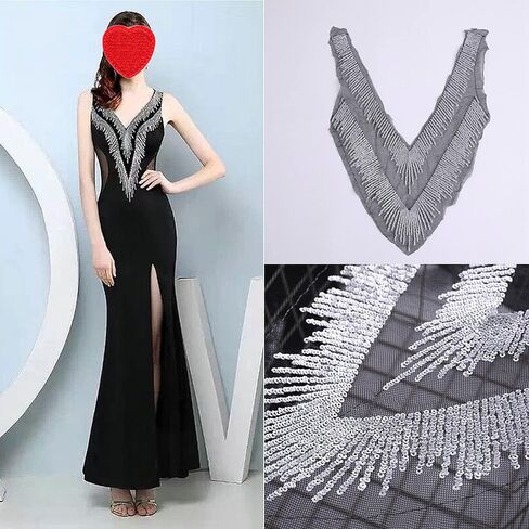 Silver Gold Sequin Patches Tassel Black Lace Fabric Flower Fabric V Collar Embroidered Gown Appliques Sew Patch for Wedding Bridal Decoration Dress DIY (Style 2), Ivory,Gold,Silver in Saudi Arabia