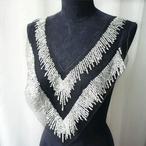 Silver Gold Sequin Patches Tassel Black Lace Fabric Flower Fabric V Collar Embroidered Gown Appliques Sew Patch for Wedding Bridal Decoration Dress DIY (Style 2), Ivory,Gold,Silver in Saudi Arabia