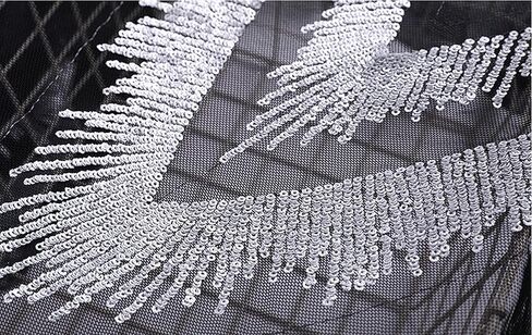 Silver Gold Sequin Patches Tassel Black Lace Fabric Flower Fabric V Collar Embroidered Gown Appliques Sew Patch for Wedding Bridal Decoration Dress DIY (Style 2), Ivory,Gold,Silver in Saudi Arabia