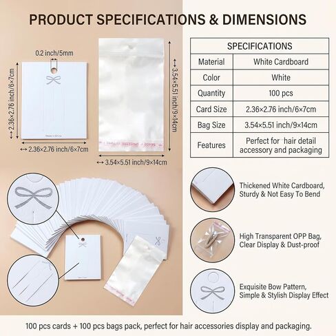 100 Pcs Hair Clip Display Cards with Clear Bags Jewelry Organizer Hair Barrettes Holder Cardboard Packaging Cards for Craft Show Retail Display in Kuwait