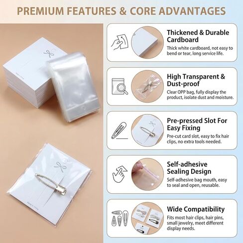100 Pcs Hair Clip Display Cards with Clear Bags Jewelry Organizer Hair Barrettes Holder Cardboard Packaging Cards for Craft Show Retail Display in Kuwait