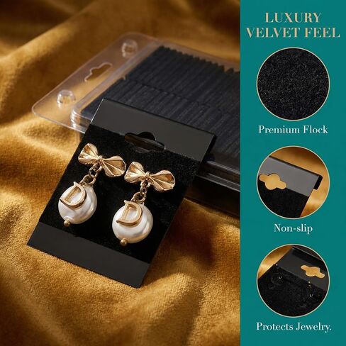100 Pack Black Velvet Earring Display Cards, 1.5" x 2" Hanging Earring Holder Cards, Plastic Jewelry Display Cards for Studs, Hooks & Clip-On Earrings, Earring Organizer & Display in Saudi Arabia