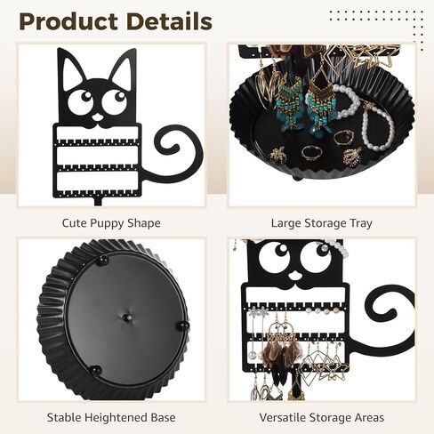OMISTAR Dog Shaped Earring Holder Organizer, Creative Jewelry Display Stand with Spiral Tail, Black Metal Earring Organizer with Round Tray for Home Decoration and Jewelry Storage in Kuwait