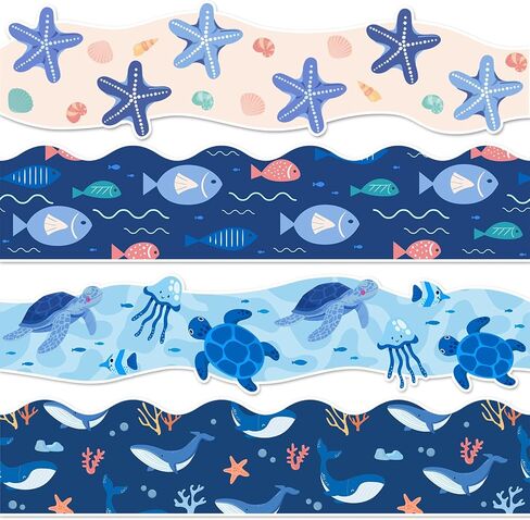 Whaline 69 Ft Ocean Bulletin Board Borders Blue Turtle Whale Fish Starfish Self-Adhesive Trim Border for Summer Sea Themed Party Decoration in Kuwait