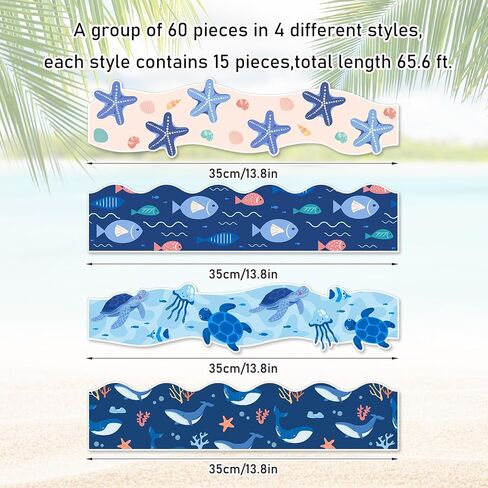 Whaline 69 Ft Ocean Bulletin Board Borders Blue Turtle Whale Fish Starfish Self-Adhesive Trim Border for Summer Sea Themed Party Decoration in Kuwait
