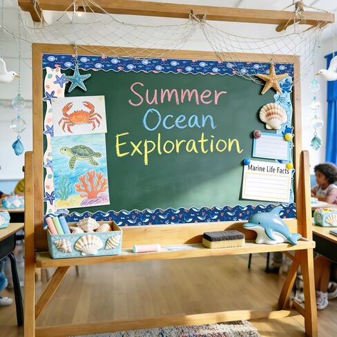 Whaline 69 Ft Ocean Bulletin Board Borders Blue Turtle Whale Fish Starfish Self-Adhesive Trim Border for Summer Sea Themed Party Decoration in Kuwait