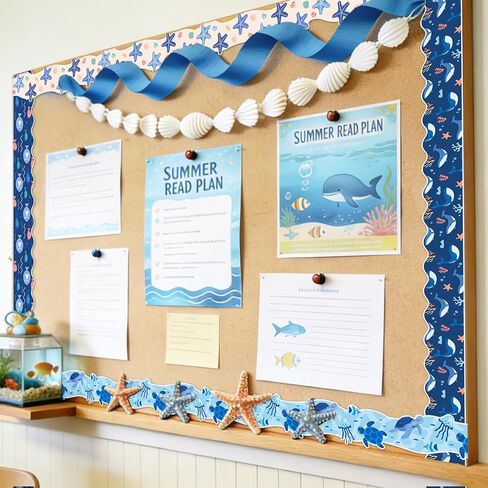 Whaline 69 Ft Ocean Bulletin Board Borders Blue Turtle Whale Fish Starfish Self-Adhesive Trim Border for Summer Sea Themed Party Decoration in Kuwait