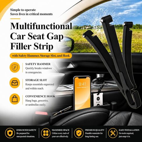 2 PCS Car Seat Gap Filler Compatible with Toyota RAV4, Highlander, Grand Highlander, 4Runner & Sequoia Accessories, Seat Gap Organizer with Emergency Glass Breaker & 1 Sunglasses Holder, Black in Saudi Arabia