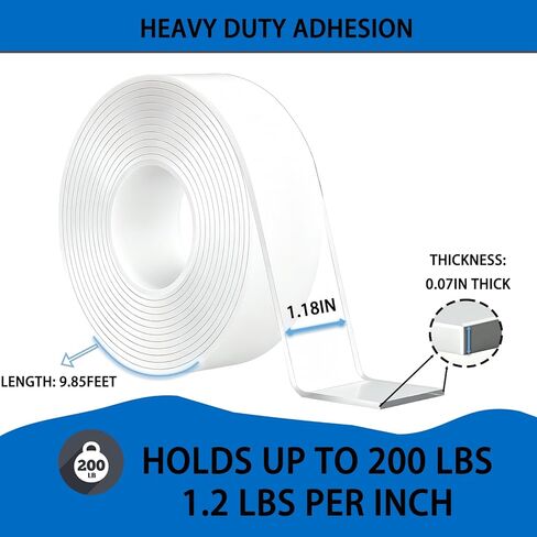 2 Roll Double Sided Tape Heavy Duty, 1.18 Inch x 0.08 Inch Nano Double Sided Adhesive Tape, Clear Traceless Mounting Tape, Removable Adhesive Strips for Wall Decor, Poster, Photo and Carpet (9.85 FT) in Saudi Arabia