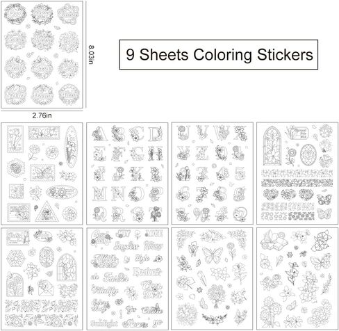 9 Sheets 100+ Pcs Coloring Book for Women, Coloring Stickers for Adult, Color Letter Flowers Butterfly Inspirational Quote Sticker Scrapbook Stickers for Women,Fun Coloring Activities in Kuwait