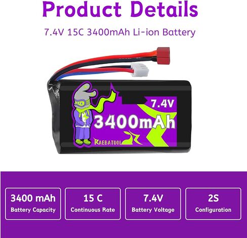 2S 7.4V 3400mAh with Dean-Style T/MINI Tamiya Plug, High Capacity RC Battery Pack for WLtoys 4WD and Most 1/10, 1/12, 1/16 Scale RC Cars & Trucks with 1 to 2 Charger in Saudi Arabia