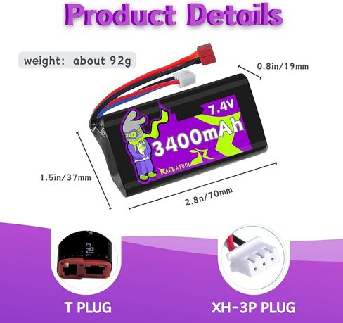 2S 7.4V 3400mAh with Dean-Style T/MINI Tamiya Plug, High Capacity RC Battery Pack for WLtoys 4WD and Most 1/10, 1/12, 1/16 Scale RC Cars & Trucks with 1 to 2 Charger in Saudi Arabia