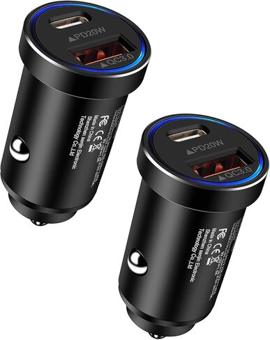 2 حزمة شاحن USB 12 فولت محول شاحن سيارة USBC، محول هاتف سيارة صغير USB C شحن سريع لهاتف Apple iPhone Android Galaxy ثنائي المنفذ PD&QC 3.0 ولاعة سجائر مزدوجة قابس شاحن سيارات in Kuwait