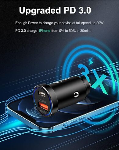 2 حزمة شاحن USB 12 فولت محول شاحن سيارة USBC، محول هاتف سيارة صغير USB C شحن سريع لهاتف Apple iPhone Android Galaxy ثنائي المنفذ PD&QC 3.0 ولاعة سجائر مزدوجة قابس شاحن سيارات in Kuwait