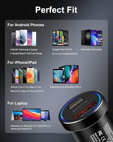 2 حزمة شاحن USB 12 فولت محول شاحن سيارة USBC، محول هاتف سيارة صغير USB C شحن سريع لهاتف Apple iPhone Android Galaxy ثنائي المنفذ PD&QC 3.0 ولاعة سجائر مزدوجة قابس شاحن سيارات in Kuwait