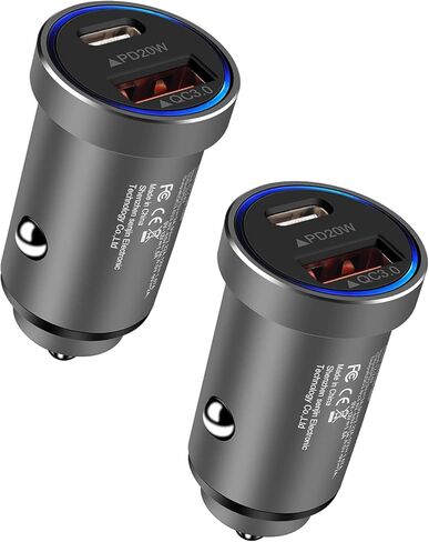 2 حزمة شاحن USB 12 فولت محول شاحن سيارة USBC، محول هاتف سيارة صغير USB C شحن سريع لهاتف Apple iPhone Android Galaxy ثنائي المنفذ PD&QC 3.0 ولاعة سجائر مزدوجة قابس شاحن سيارات in Kuwait