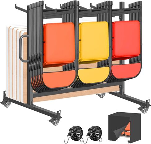 Folding Chair Rack, Heavy-Duty Folding Chair Cart Storage for 42 Chairs or 12 Tables, 550 lbs Capacity, Heavy Metal Chair Holder Rack with Locking Universal Wheels, Dust Cover, Elastic Cords in Saudi Arabia