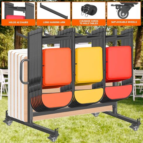 Folding Chair Rack, Heavy-Duty Folding Chair Cart Storage for 42 Chairs or 12 Tables, 550 lbs Capacity, Heavy Metal Chair Holder Rack with Locking Universal Wheels, Dust Cover, Elastic Cords in Saudi Arabia