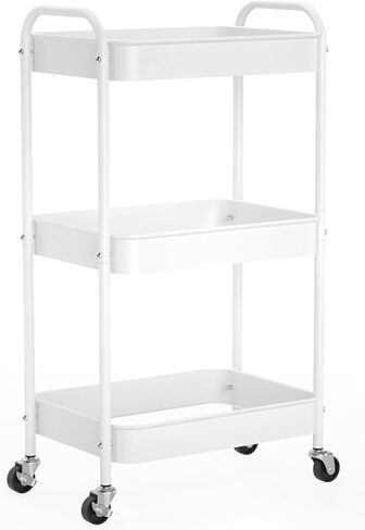 3-Tier Rolling Utility Cart with Ergonomic Handles and Mesh Bottom - Metal Storage Organizer Mobile Shelf Unit on Wheels for Kitchen, Bathroom, Office, Pantry, and Nursery, White in Saudi Arabia