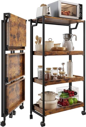 Jojoka No Assembly Folding Kitchen Cart with Wood Top, 4 Tier Collapsible Rolling Utility Cart on Wheels, Industrial Mobile Kitchen Island Storage Cart for Small Spaces, RV and Pantry, Rustic Brown in Saudi Arabia