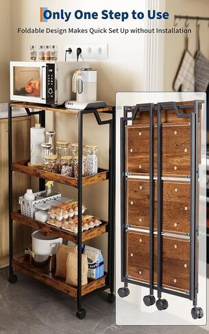 Jojoka No Assembly Folding Kitchen Cart with Wood Top, 4 Tier Collapsible Rolling Utility Cart on Wheels, Industrial Mobile Kitchen Island Storage Cart for Small Spaces, RV and Pantry, Rustic Brown in Saudi Arabia