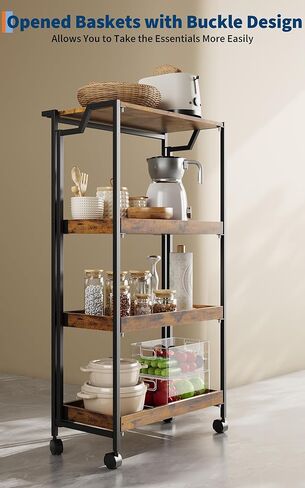 Jojoka No Assembly Folding Kitchen Cart with Wood Top, 4 Tier Collapsible Rolling Utility Cart on Wheels, Industrial Mobile Kitchen Island Storage Cart for Small Spaces, RV and Pantry, Rustic Brown in Saudi Arabia