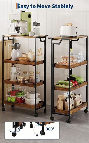 Jojoka No Assembly Folding Kitchen Cart with Wood Top, 4 Tier Collapsible Rolling Utility Cart on Wheels, Industrial Mobile Kitchen Island Storage Cart for Small Spaces, RV and Pantry, Rustic Brown in Saudi Arabia