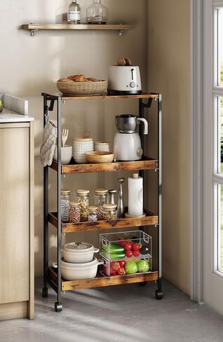 Jojoka No Assembly Folding Kitchen Cart with Wood Top, 4 Tier Collapsible Rolling Utility Cart on Wheels, Industrial Mobile Kitchen Island Storage Cart for Small Spaces, RV and Pantry, Rustic Brown in Saudi Arabia