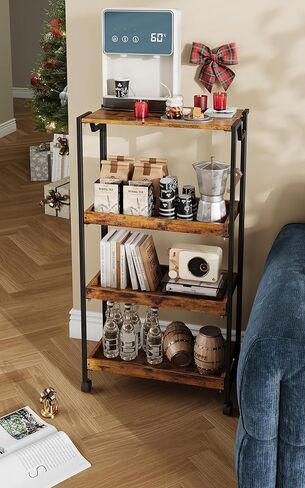 Jojoka No Assembly Folding Kitchen Cart with Wood Top, 4 Tier Collapsible Rolling Utility Cart on Wheels, Industrial Mobile Kitchen Island Storage Cart for Small Spaces, RV and Pantry, Rustic Brown in Saudi Arabia